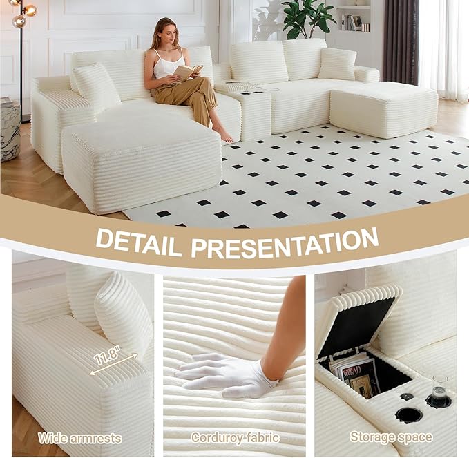 150 Oversized Modular Sectional SofaU-Shape Corduroy Couch with USB Ports and Cup HoldersWireless Charging &amp Storage BoxModular Sleeper Sofa for Living Room (Beige 150 Inch)