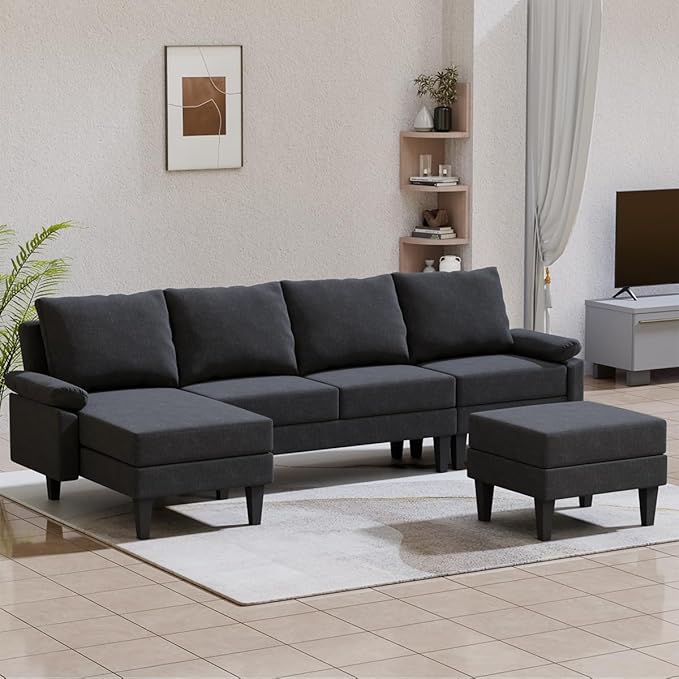 115 Inch Modular Sectional Sofa with Storage Ottoman Modern L-Shaped Sectional Couch with Chaise Chenille Couch for Living Room Apartment or Small Spaces Black