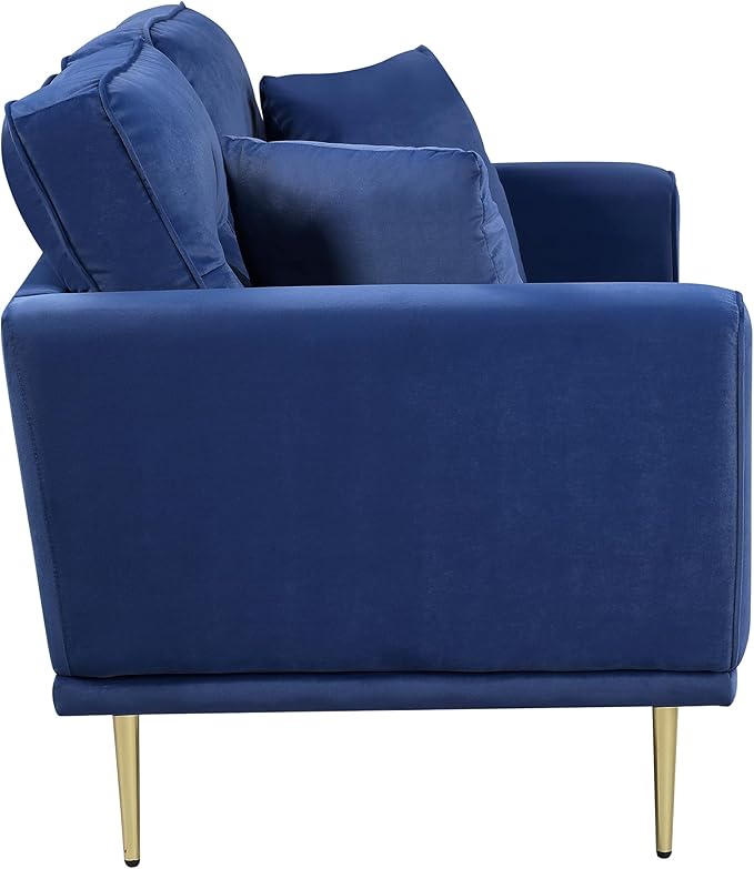Lexicon Velvet Sofa Couch Modern Couches Metal Seat Base Metal Legs with Gold-Tone Finish 82 inch Sofa with 2 Throw Pillows 3 Seater Couches for Living Room Bedroom Apartment Blue