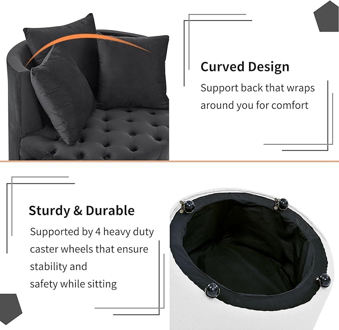 GNIXUU Swivel Barrel Accent Chair 30” Modern Velvet Round Swivel Chair with 3 Pillows and Wheels Comfy Tufted Single Club Sofa Lounge Chair for Living Room Bedroom(Black).