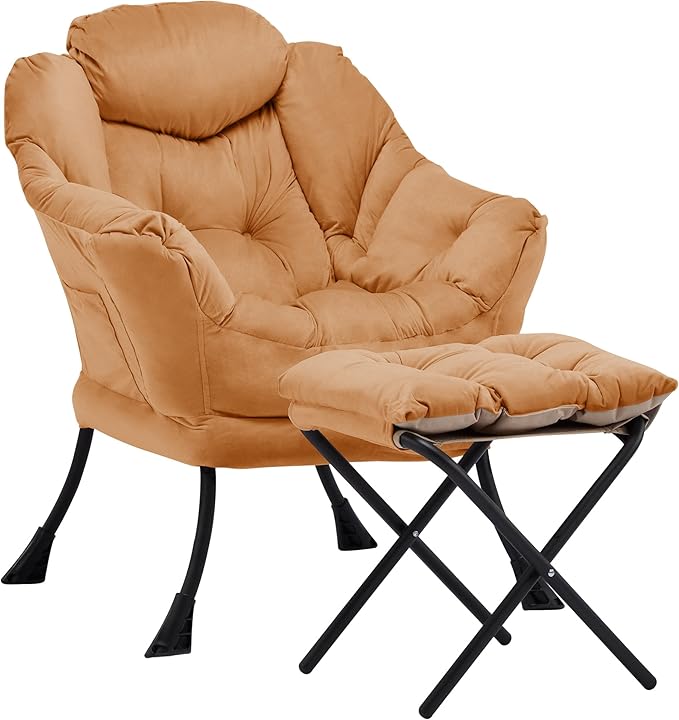 Lazy Chair with Ottoman Comfy Accent Lounge Chair with Side Pocket Modern Reading Armchair with Footrest Upholstered Sofa Chair for Small Spaces Bedroom Living Room Dorm Burnt Orange