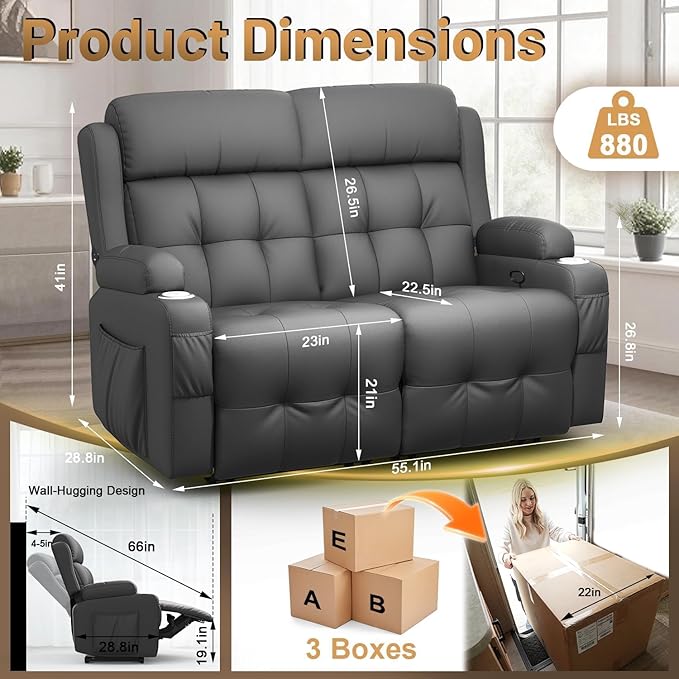 Reclining Loveseat Wall-Hugger Loveseat Recliner Design with USB/Type C Charging &amp Storage &amp Cupholder Pebble-Weave Fabric Recliner Sofa Couch for Living Room Home Theater &amp RV Use