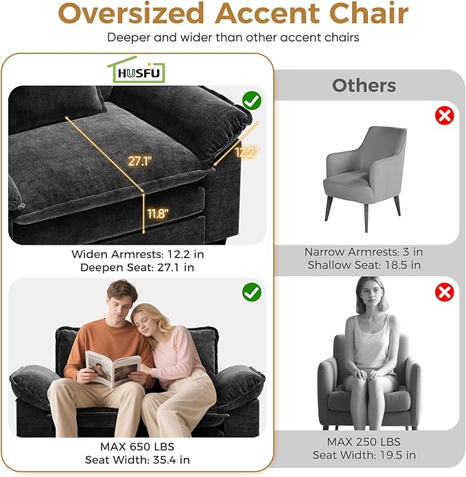 HUSFU Oversized Accent Chair with Ottoman Chenille Cloud Couch Chair with Deep Seat and Extra Wide Armrests Comfy Reading Armchair for Bedroom Living Room Set of 2 Black