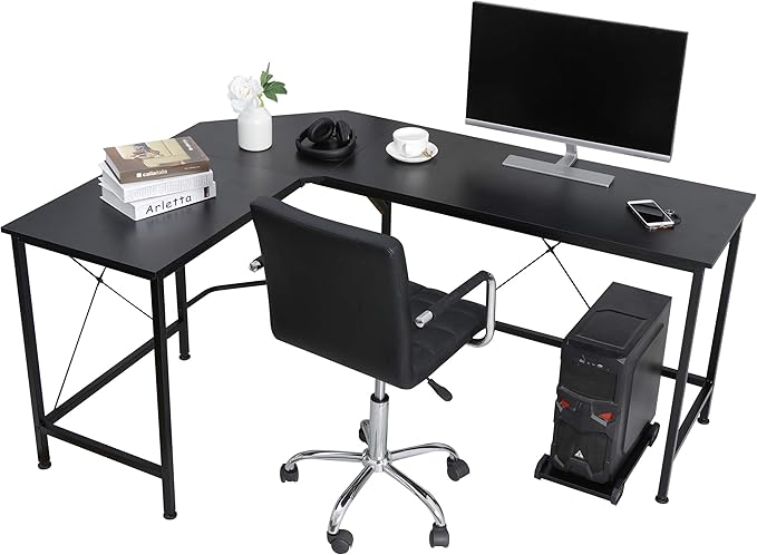 HomGarden L-Shaped Computer Desk Modern Corner Table PC Laptop Study Workstation Home Office Desk Wood Desktop Metal Frame(Black)