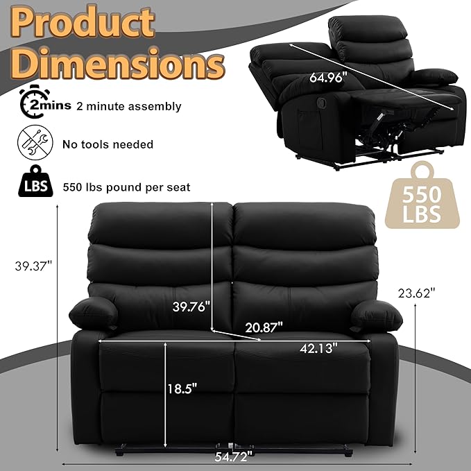 Manual Reclining Loveseat Leather 2 Seat Reclining Sofa Chair with Overstuffed Arms Loveseat Recliner Sofa Hidden Storage for for Living Room RV Home Theater Apartment Black