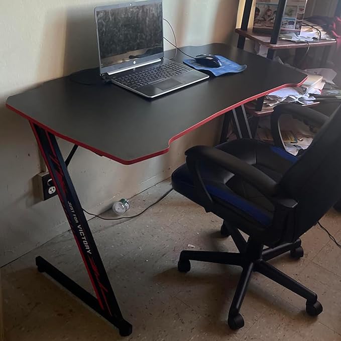 47 Inch Gaming Desk Wood Gaming Table Modern Z-Shaped Computer Desk for Home Office with Headphone Hook - Sturdy Gamer Workstation Table with Carbon Fibre Desktop Red