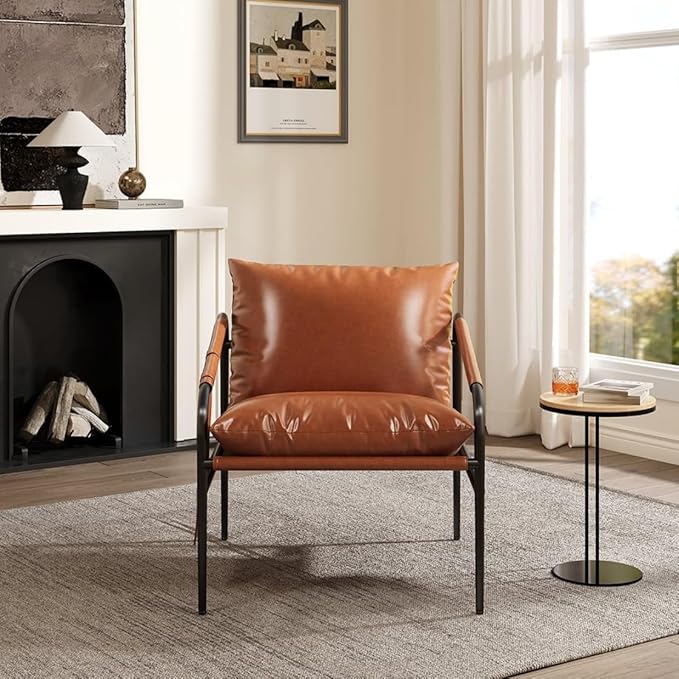 homary Brown Leather Accent Chair for Living Room Modern Armchair with Metal Frame Padded Arms Side Pockets &amp Soft Supportive Cushion Comfortable Reading Chair for Bedroom or Office