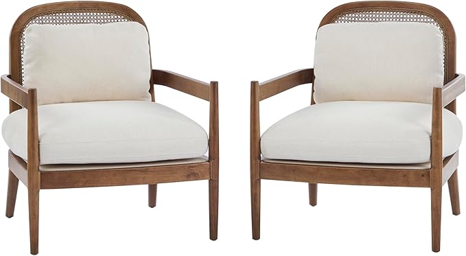 Christopher Knight Home Nadine Modern Club Chair Set of 2 with Cushion Wooden Living Room Accent Chair with Rattan Open Back Bedroom Comfy Reading Chair Beige+Light Brown