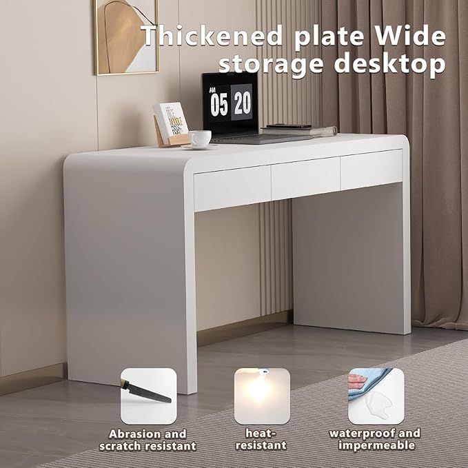 Executive Desk with Drawers White Computer Desk with Drawers with Three-Layer Lacquered Thick Wooden Board 55 inch Modern Home Office Desk for Study Living Room Bedroom