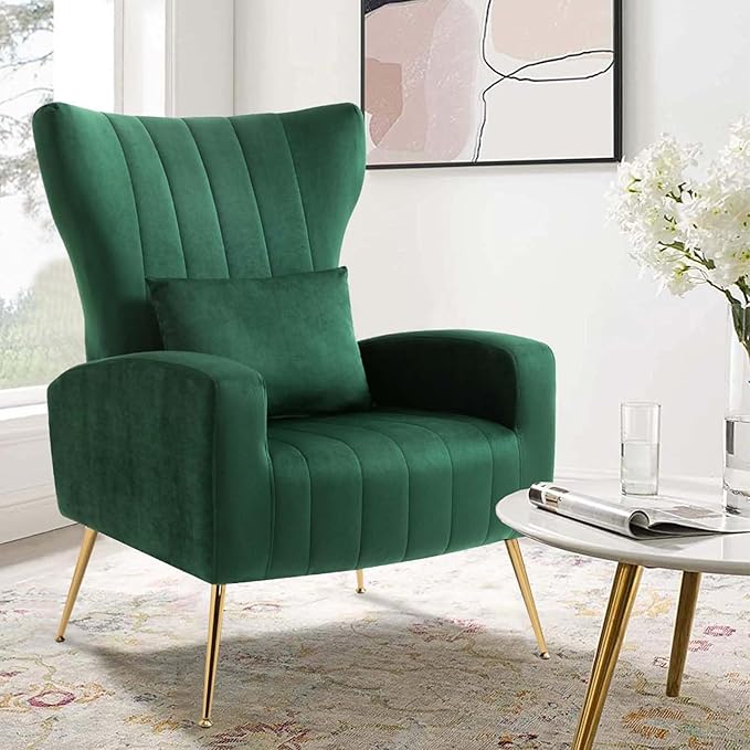 X-VOLSPORT Velvet Accent Chair Mid Century Modern High Back Living Room Chair with Waist Pillow Upholstered Arm Chair with Metal Gold Legs for Bedroom Club Green