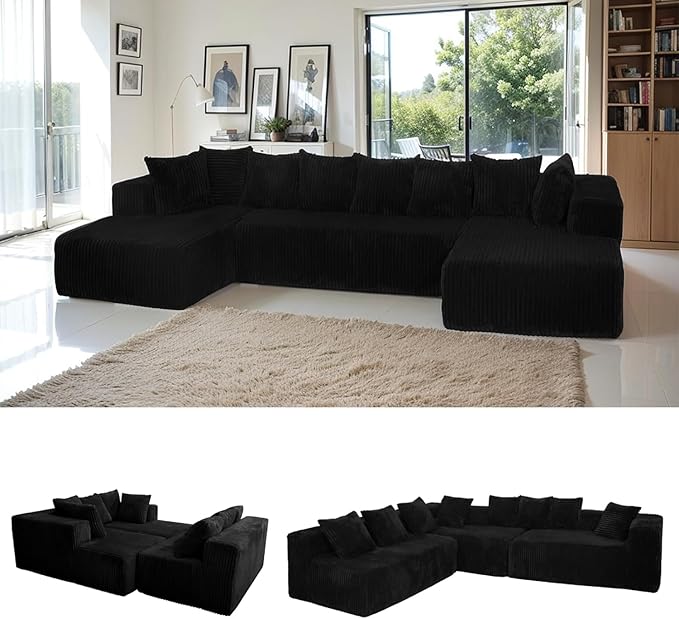 130 Modular Boneless Couch Convertible Sleeper Sofa Corduroy Sectional Sofa for Living Room Modern Cloud Couch with Deep Seat Chaise Comfy Oversize 4-6 Seat No Assembly (Black)