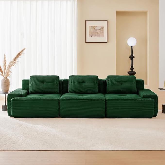 117 Modern Compressed Boneless Couch 3 Seater Sectional Couches for Living Room Green Corduroy Cloud Modular Sectional Sofa Comfy Memory Foam Extra Deep Sofas para Sala No Assembly