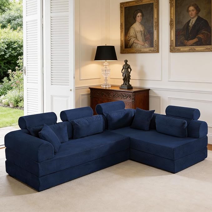 KEIKI 106 4Seat Modular Sectional Corduroy Sofa Couch for Coastal Home Home Office Family Friendly Beach Lovers Cozy Warm Perfect for Entertaining Relaxation Classic Refined Design Blue