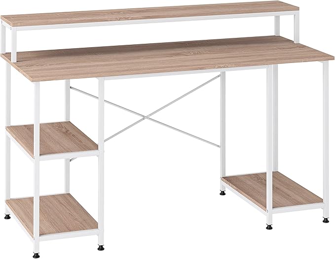55 Inch Home Office Computer Desk Study Writing Workstation with Storage Shelves Elevated Monitor Shelf CPU Stand Durable X Shaped Construction Oak Wood Grain