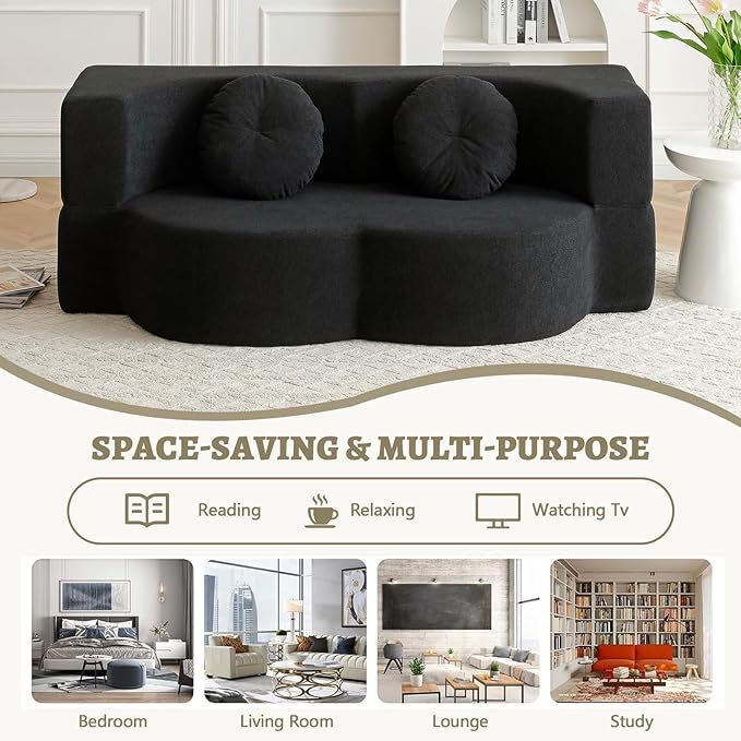 2-In-1 Futon Sofa Bed Foldable Couch with 2 Pillows Convertible Foldable Sofa Bed Folding Sofas Beds for Living Room Guest Room Apartment Office Lazy Sleeper Comfy No Assembly (Black)