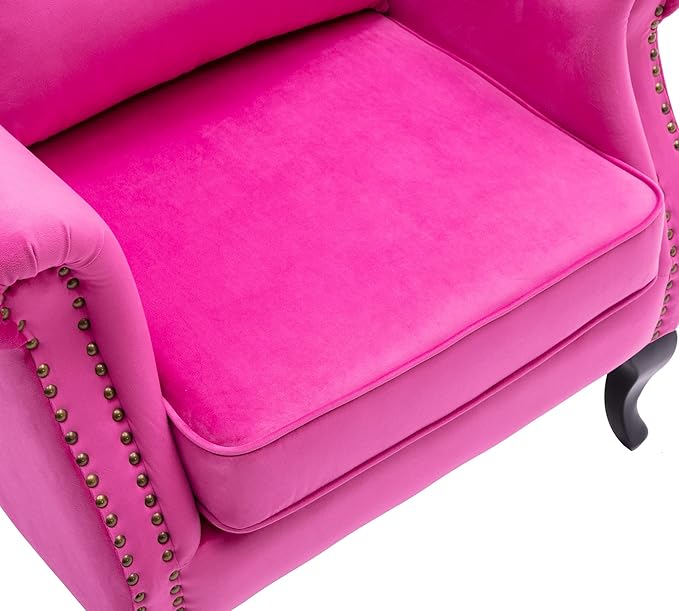 Mid Century Modern Accent Chair Upholstered Armchair Comfy Velvet Fabric Single Sofa with Tufted Wingback for Small Spaces Bedroom Living Room Hot Pink