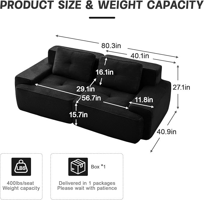 82 Modern Corduroy Boneless Love Seat Couches 2 Seater Large Sectional Couches for Living Room Black Cloud Modular Sectional Sofa Memory Foam Extra Deep Loveseat No Assembly