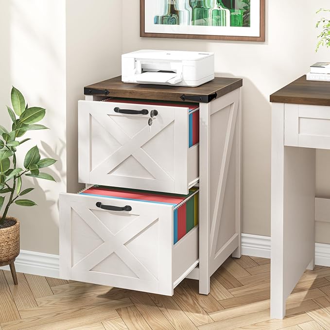 2 Drawer Small File Cabinet with Lock Farmhouse Vertical Filing Cabinet Fits Letter and A4 Size Under Desk Wooden File Cabinets for Home Office Printer Stand Rustic White