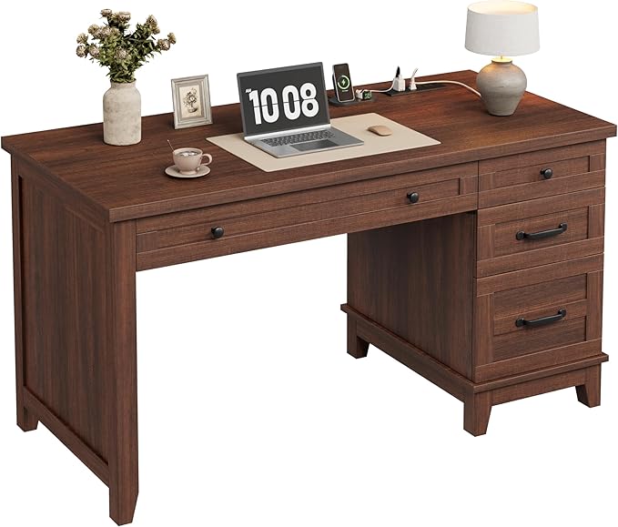 GarveeHome Executive Desk with Drawers Farmhouse Home Office Desk with Charging Station 53.54 in Wooden Computer Desk with File Cabinet Storage for Work Study WritingWalunt Brown