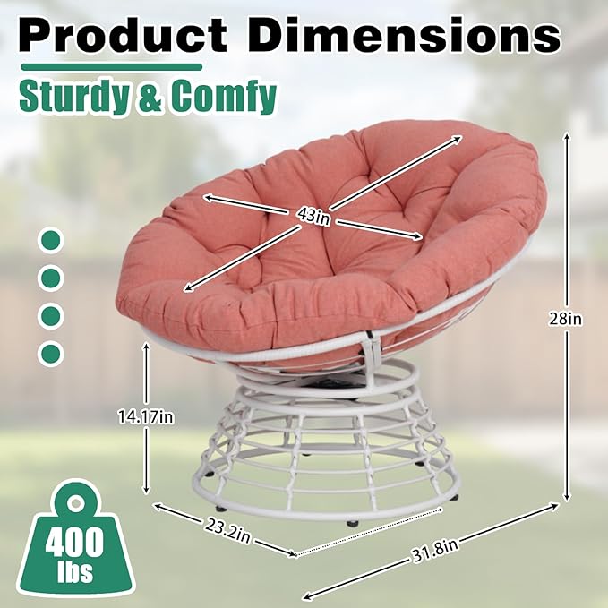 43 Ergonomic 360° Swivel Papasan Chair Wicker Round Chair with Thick Cushion Lounge Chair for Living Room Bedroom Reading Nook Indoor Outdoor Use Orange Cloud &amp White Frame