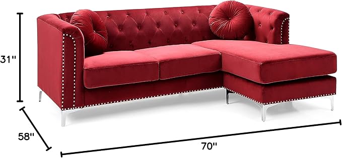 Glory Furniture Pompano Velvet Sofa Chaise in Burgundy