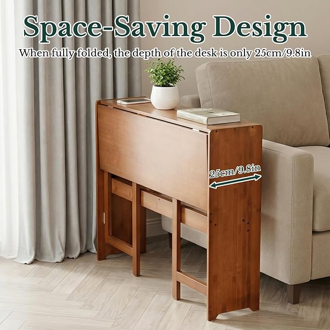 41'' Bamboo Folding Desk with Bookshelf – Space-Saving Computer Desk for Small Spaces Foldable Study Table Mid Century Modern for Home Office &amp Bedroom - Brown