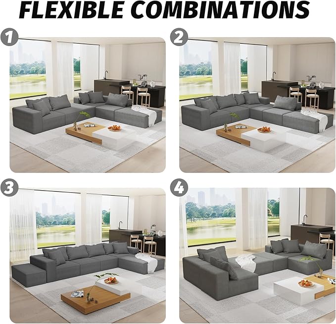 132'' Oversized Cloud Couch Upholstered Modular Sectional Sofa with 6 Pillows Deep Seat Chenille Couches for Living Room Modular Sectional Sofa Free Combination No Assembly Required (Gray)