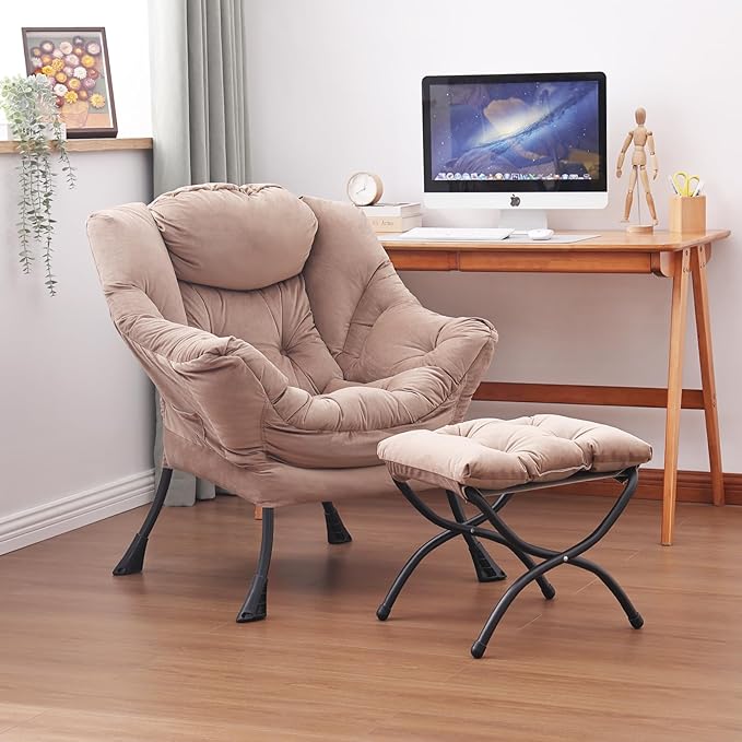 Lazy Chair and Ottoman Large Velvet Brown Accent Chair with a Side Pocket Modern Leisure Upholstered Sofa Reading Armchair with Footrest for Office Bedroom Living Room Dorm Rooms Balcony