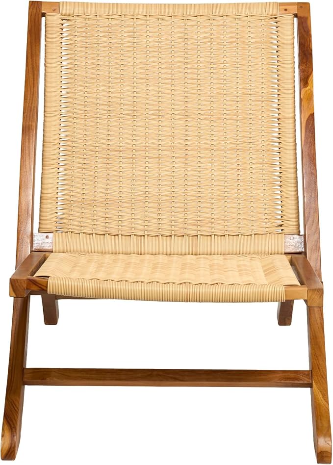 TeakCraft Teak Rattan Lounge Chair – Foldable Handcrafted Solid Wood Accent Chair with Woven Seat – Mid-Century Modern Recliner for Indoor &amp Outdoor Use The Ediz
