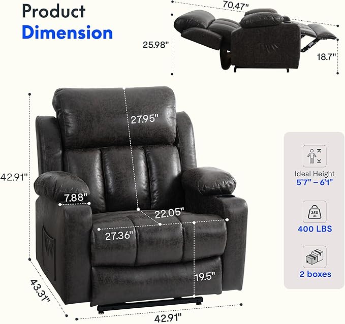 FLEXISPOT XL31-XL Oversized Power Lift Recliner Chair for Elderly 27.4 Extra Wide Lay Flat Lift Chair w/Massage &amp Heat Dual Motor Electric Reclining Chair for Big &amp Tall(Oversized Dark-Gre
