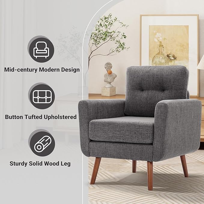 Tbfit Accent Chair Reading Chair for Living Room &amp Bedroom Mid Century Modern Arm Chair Button Tufted Upholstered Accent Chairs Sofa with Solid Wood Frame Grey | linen fabric button tufted s