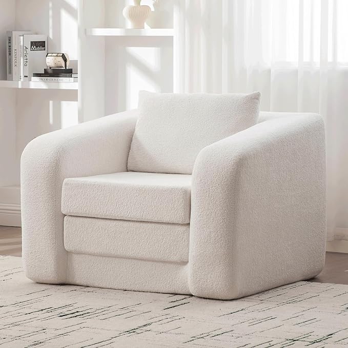 Convertible Sofa Bed Chenille Upholstered Pull Out Sofa Bed with Pillows 2-in-1 Sofa Chair with Minimalist Design Comfy Folding Mattress Couch for Apartment (Ivory Single Sofa Bed)