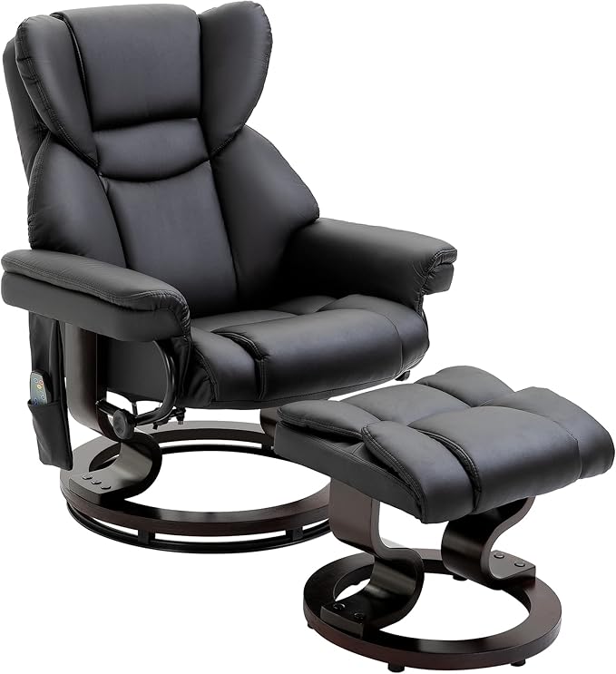 Massage Recliner Chair with Ottoman 10 Vibration Massage Points 360° Swivel Black Faux Leather Living Room Chair