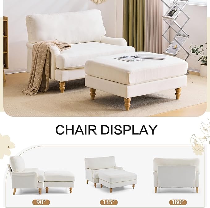 Bezseller Oversized Chair Indoor with Ottoman 46 W Upholstered Armrest Sofa Big Comfy Lounge Sofa Deep Seat Sleeper Chair for Living Room Apartment Bedroom Reading Room(Beige)