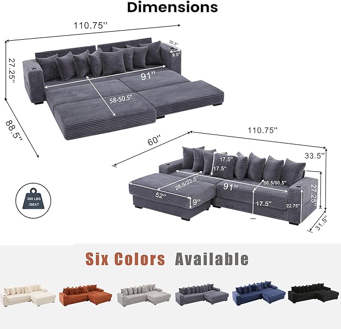 111 Inch Sleeper Sofa Bed | Convertible Cloud Sectional Couches for Living Room | L-Shaped Couch with Cup Holder Side Pocket 8 Pillpws | Dark Grey