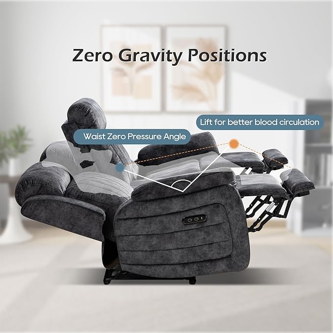 Zero Gravity Power Reclining Sofa with Adjustable Headrest Electric Reclining Couch with Wireless Charge USB Ports Power Loveseat Recliner Sofa for Living Room (Grey-Sofa)
