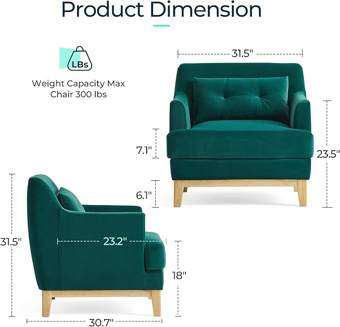 LINSY Oversized Accent Chairs for Bedroom Living Room High Back Large Accent Chair Comfy Reading Chairs for Adults Mid Century Green Velvet Chair with Lumbar Pillow Oversized Armchair
