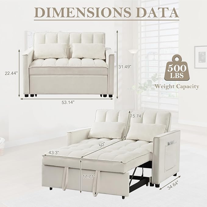 3 in 1 Convertible Sleeper Sofa Couch with Pull Out Bed55 Velvet Upholstered Futon Sofa BedModern Loveseat Sleeper Chaise with Adjustable Backrest for Living Room Guest Room Apartment(White)