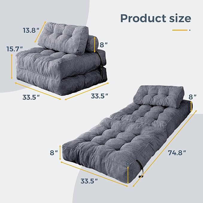 Folding Sofa Bed - Convertible Sleeper Chair with Pillow &amp Back Support Comfy Foldable Mattress Portable Futon Fold Out Chair Bed for Living Room/Bedroom/Apartment (Grey)