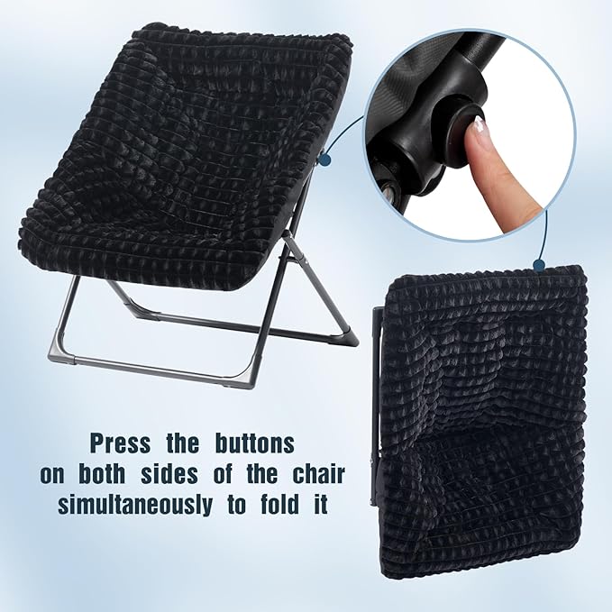 HollyHOME X-Large Saucer Chair with Foldable Ottoman Comfy Oversized Folding Chair and Folding Footrest Stool Set Faux-Fur Reading Chair and Footstool for Living Room Bedroom Black Chair&ampStool
