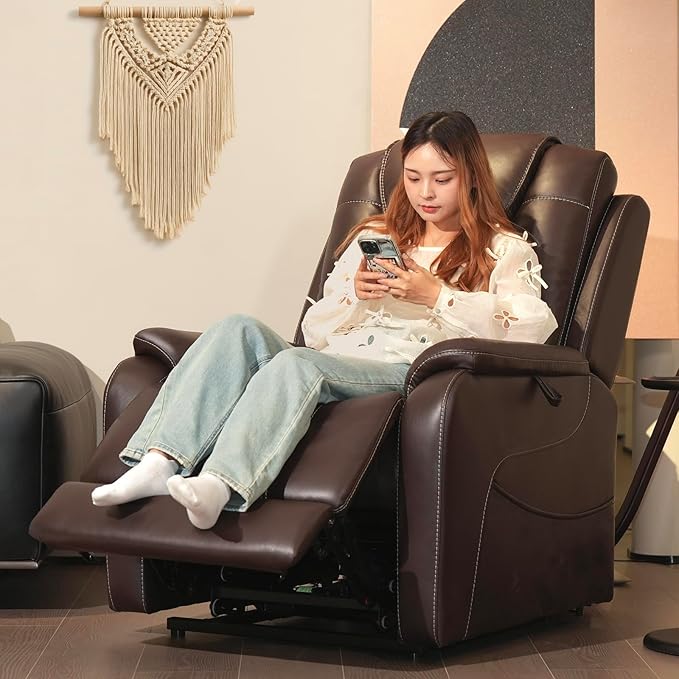 EONIX Triple Motor Lay Flat Power Lift Recliner Chair for Elderly with Massage 400lbs Electirc Lift Chair for Living Room Independent Adjustable Backrest Headrest Extended Footrest Dark Brown