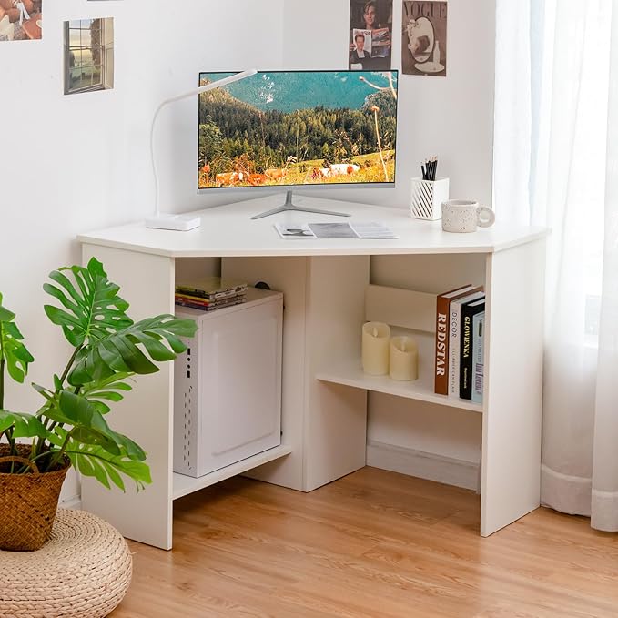 Tangkula White Corner Desk - 90 Degrees Triangle for Computer Small Space Bedroom Makeup Vanity Desk with Storage Shelves &amp CPU Stand Space Saving Writing Desk