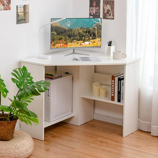 Tangkula White Corner Desk - 90 Degrees Triangle for Computer Small Space Bedroom Makeup Vanity Desk with Storage Shelves &amp CPU Stand Space Saving Writing Desk