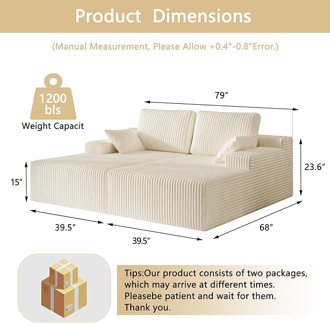79 Double Oversized Chaise Lounge Chair Indoor Corduroy Comfy Boneless Loveseat Sleeper Sofa Reading Chairs Cloud Couch BedDeep Seat Wide ArmrestNo Assembly Required for Living Room Bedroom
