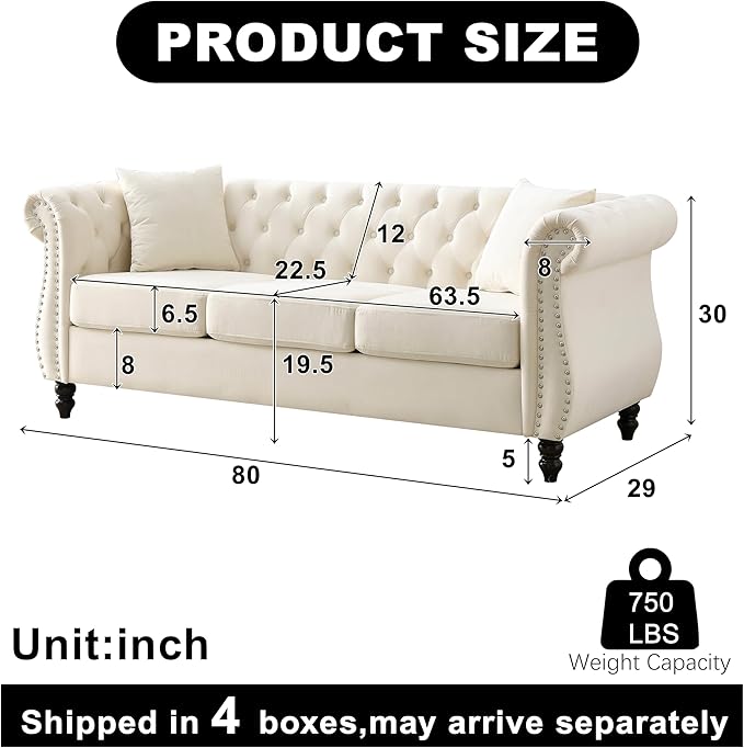 2 Piece Modern Beige Velvet 80 3-Seater Sofa Sets Upholstered Tufted Backrests with 8 Rolled Nailhead Arms Combination Couch with 4 Pillows for Living Room