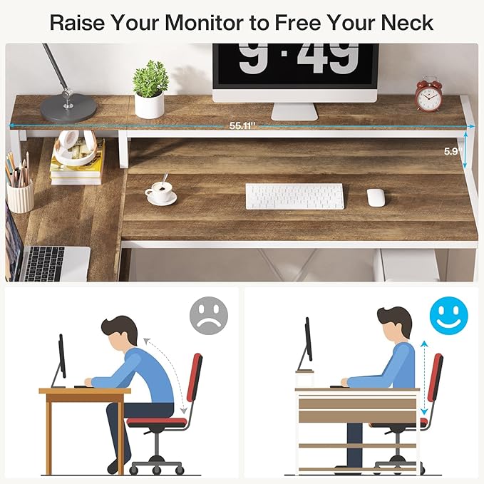 Tribesigns L Shaped Desk with Drawers and Storage Shelves Corner Home Office Desk with Monitor Stand 55 x 24 Desktop Computer Table Gaming Study for Small Space (Oak)