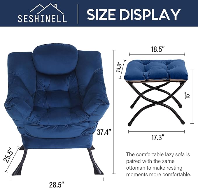 Lazy Chair with Ottoman Modern Accent Chair Sofa Chair with Armrests Reading Chair and Folding Footstool for Living Room Bedroom Office Royal Blue