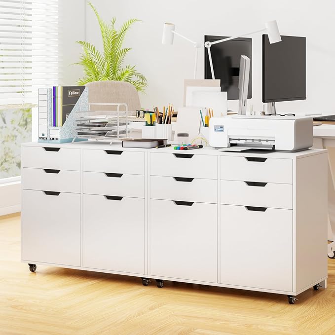 White File Cabinet with 4 Drawers and 2 Doors Under Desk Mobile Storage Organizer Wooden Printer Stand on Wheels 29 Lateral Filing Cabinet for Home Office Living Room