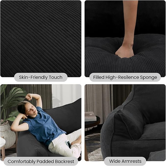 YOURLITE Bean Bag Chair for Adults with Footrest High-Resilience Foam Filled Bean Bag Sofa with Armrests and Backrest Comfy Corduroy Floor Sofa for Living Room Bedroom or Balcony (Dark Grey)