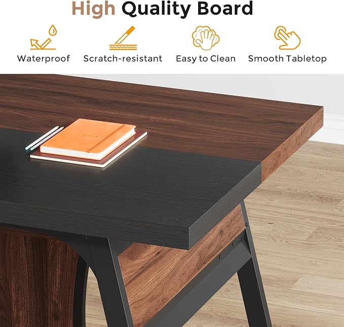 63-inch Executive Desk with Storage Shelf Large Home Office Desk with Metal Frame &amp LED Light Long Computer Desks for Home Office Walnut and Black